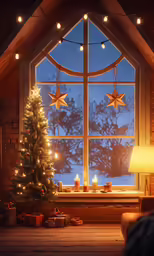 an illuminated christmas tree and a window in a loft