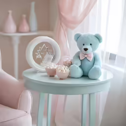 a teddy bear sits on a small table near other items