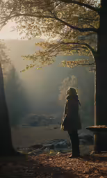 a woman standing in the woods near a bench