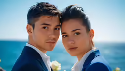 young couple dressed in blue clothes pose for a photo
