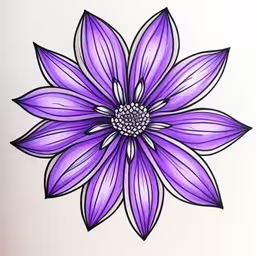 a drawing of purple flowers on a white wall,a large purple flower with a pointy center on a white sheet,a colorful flower on white paper in purple and black,the purple flower is drawing on a sheet of paper,a drawing of a purple flower with green leaves