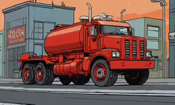 a cartoon style picture of a tanker truck,an orange and red vehicle is on the side of the road