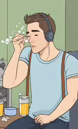 a man with headphones is sitting in front of a cup and bottle,man with headphones and drinking glass of beer