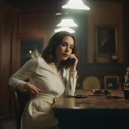 a woman in a white dress on her cell phone