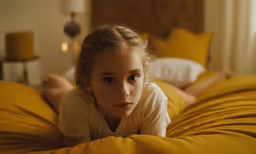 a little girl laying on top of a bed