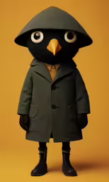 a toy bird wearing a raincoat and boots