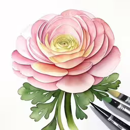 the paper flowers are pink and green,a painting of two flowers with watercolor pencils on white paper