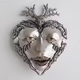 a mask with various branches, leaves and berries all around it