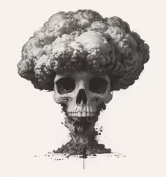 a skull with black hair and smoke inside its head