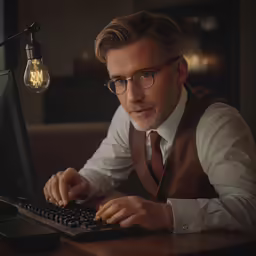 a man is using his laptop while sitting in front of a lamp