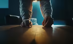 a person grabbing their hands with a chair at the table