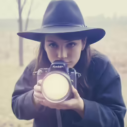 a girl with a hat taking a photo