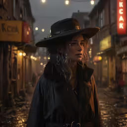 a woman in a hat walking down a city street