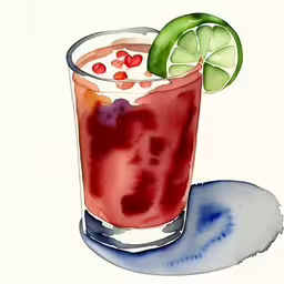 a colorful drink with garnish and a lime slice,the drink is garnished with lime and red pepper