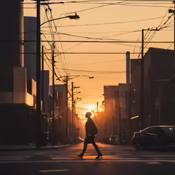 a man crossing the street with the sun shining through wires