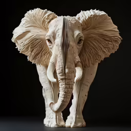 an elephant statue with curled skin and tusks