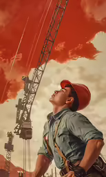 man in red hardhat and work helmet looking up at a crane