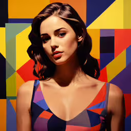 a painting of a beautiful woman in front of a colorful wall,a young lady wearing a multicolored top is shown in front of a brightly colored wall