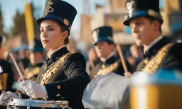 a woman in a dress blues outfit playing the drums and drums while another man holds the drums with both hands