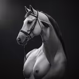 black and white nude woman with horse head