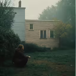 a person sitting in the grass in front of a house