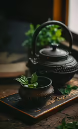 an iron tea pot with green plants on top of a wooden board