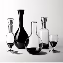 a black vase and several other bottles and glasses