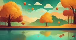 a painting with a few trees near a body of water,painting of an autumn landscape with trees reflecting in a body of water
