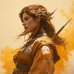 woman in armor holding two swords with large horns