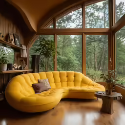 a modern yellow sectional sofa sitting on top of a wooden floor