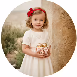 a little girl wearing a dress and holding two gold eggs