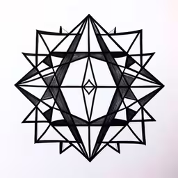a black and white abstract drawing on a wall,a large black drawing of a triangular structure with four smaller triangles in the middle of it,a drawing of a diamond made from triangles,a drawing made in ink depicting geometrically shapes,drawing a stylized design of several intersecting rectangles