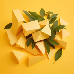 yellow pieces of cheese are surrounded by green leaves