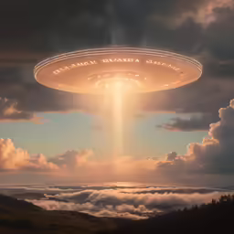 an alien ship flying through the sky above clouds