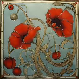 a painting with red flowers on it, hanging in a window
