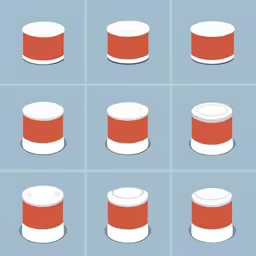 four red, white and one blue containers sitting on a table