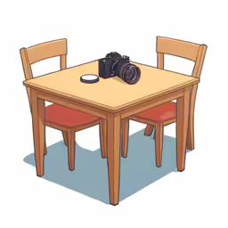 a wooden table with two chairs around it