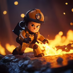 the small yellow lego character is running around a fire