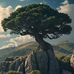 a tree sitting on top of a rock in the middle of a mountain