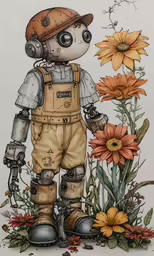 a painting of a small robot standing in front of some flowers
