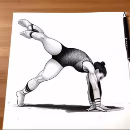 a pencil drawing of a woman doing yoga,a drawing of a woman doing a plank