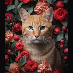 a cat is posing for the camera surrounded by roses