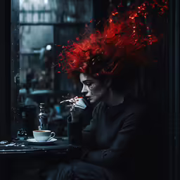 the red hair is blowing in the wind while sitting next to a cup