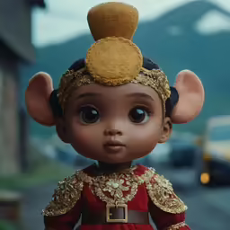 a doll in a fancy costume stands on the street