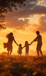 three people and two children holding hands, one of them is walking through tall grass