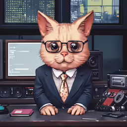 cat in suit and tie wearing glasses while standing behind desk