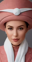 a woman in a pink suit wearing a large hat and scarves