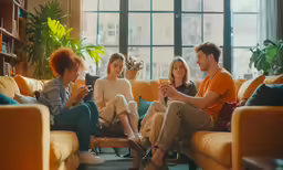 three young women sitting on a couch playing with their phones