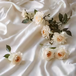 white roses are on a wrinkled bed spread