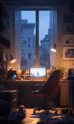 a bedroom has a small desk by a big window